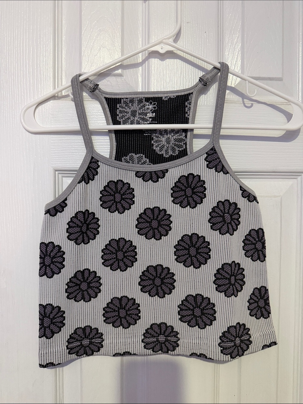 Aura Grey Floral Ribbed Crop Tank Top